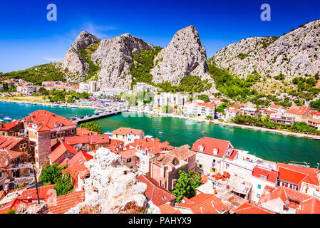 Omis, Croatia. Dalmatia Coast panorama with emerald-green Cetina River, Croatian travel landmark at Adriatic Sea. Stock Photo