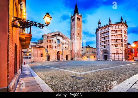 Parma, Italy - Piazza del Duomo with the Cathedral and Baptistery, built in 1059. Romanesque architecture in Emilia-Romagna. Stock Photo