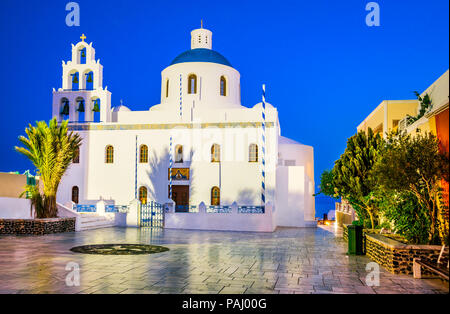 Santorini, Greece. Church of Panagia of Platsani, Oia whitewashed village in Greek Islands. Stock Photo