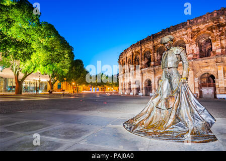 Nimes, ancient Roman amphitheatre in the Occitania, medieval Aquitania region of southern France.  Magnificent huge Arena. Stock Photo