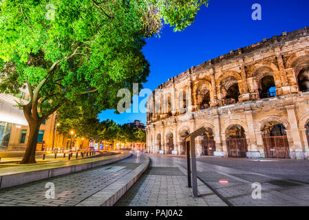 Nimes, ancient Roman amphitheatre in the Occitanie region of southern France.  Magnificent huge Arena. Stock Photo