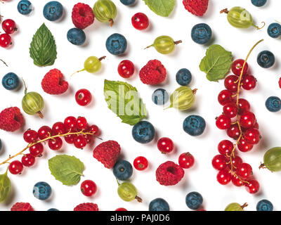 Various fresh summer berries background. Pattern of fresh blueberries, red currant, raspberries, gooseberries isolated on white background. Top view or flat-lay. Stock Photo