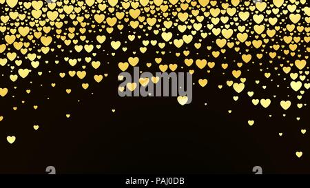 Valentines day background with glossy golden hearts on dark. Vector illustration Stock Vector