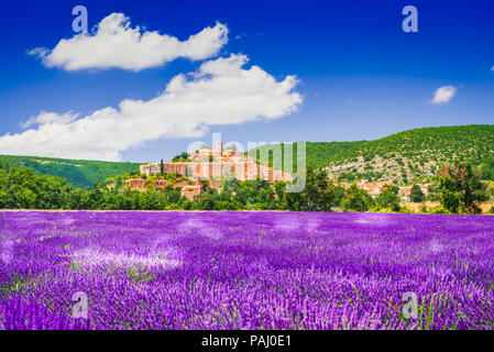 Banon, hilltop village in Provence with lavender fields, France. Stock Photo