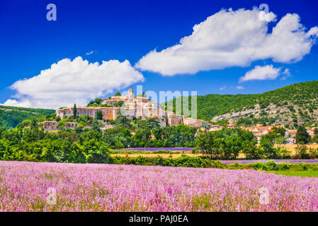 Banon, hilltop village in Provence with lavender fields, France. Stock Photo