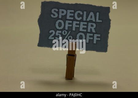 Handwriting text writing Special Offer 25 Off. Concept meaning Discounts promotion Sales Retail Marketing Offer Paperclip retain ash color written tor Stock Photo