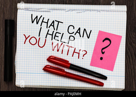Word writing text What Can I Help You With question. Business concept for Offering assistance Experts advice ideas Color pen on written notepad with q Stock Photo