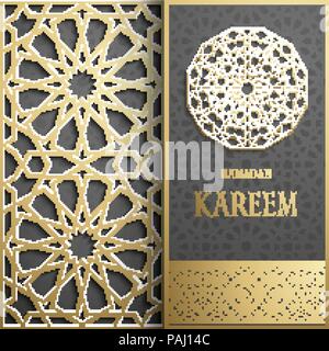 3d Ramadan Kareem greeting card,invitation islamic style.Arabic circle golden pattern.Islamic brochure gold on dark Stock Vector