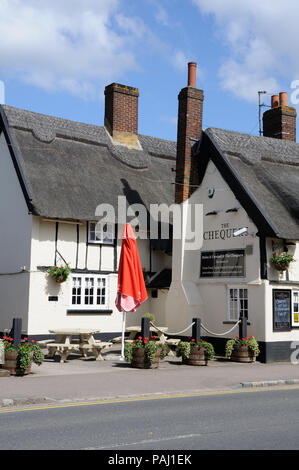 Chequers, Westoning, Bedfordshire, stands at the junction of the High Street, Church Road, and Park Road. It is an attractive half timbered building w Stock Photo