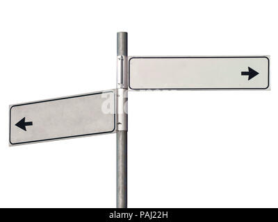 Black and white road sign pointing in two direction, isolated on white. Stock Photo
