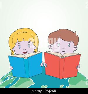 Kids reading book on world map, for education concept. Cartoon vector illustration. Stock Vector