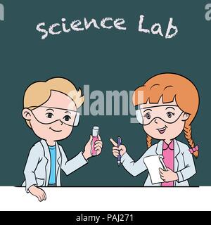 Kids in lab clothing and safety glasses conduct scientific experiment. Educational science activities for kids. - Cartoon Vector Illustration. Stock Vector