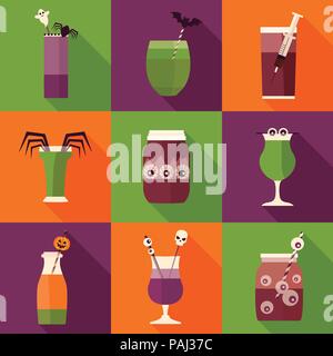 Spooky halloween cocktail drinks and shots icons. Creepy alcoholic and nonalcoholic beverages decorated with syringe, spider, blood, eyeball, bat and  Stock Vector