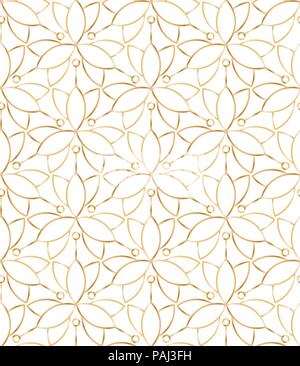 Seamless linear golden flower pattern on white background Stock Vector