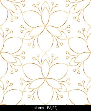 Seamless linear golden flower pattern on white background Stock Vector