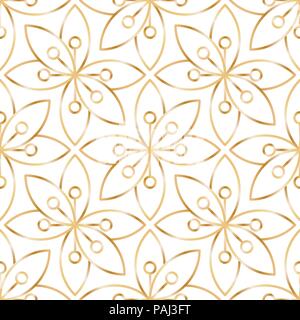 Seamless linear golden flower pattern on white background Stock Vector