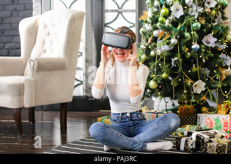 marketer girl using virtual reality glasses.   Stock Photo