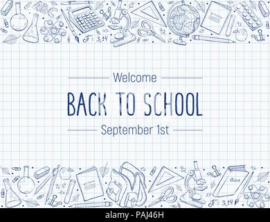 Hand drawn school objects in horisontal composition. Vector illustration of school accessories ihand drawn on notepad sheet. Back to school poster on  Stock Vector