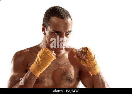 Sporty man during boxing exercise. Photo of boxer on white background Stock Photo