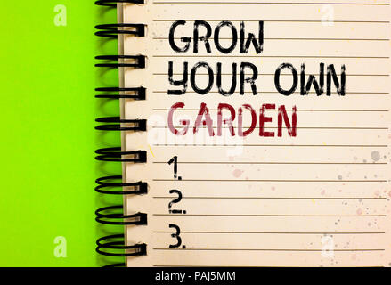 Word writing text Grow Your Own Garden. Business concept for Organic Gardening collect personal vegetables fruits Written black and red text and numbe Stock Photo