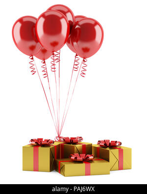 yellow gift boxes with red ribbons and balloons isolated on white background. 3d illustration Stock Photo