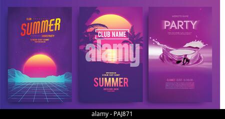 Retro background futuristic landscape 1980s style. Cocktail party, Electronic music fest, electro summer poster. Abstract gradients music background. EPS 10 Vector illustration. Vibrant design. Stock Vector