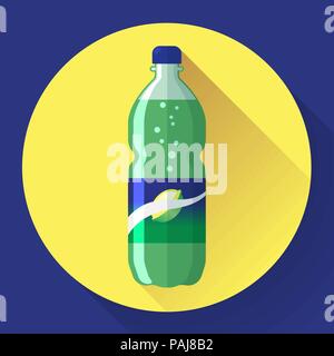 Bottle of soda with green lable, vector illustration. Flat stiyle. Stock Vector