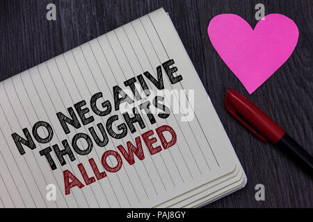 Writing note showing No Negative Thoughts Allowed. Business photo showcasing Always positive motivated inspired good vibes Strikethrough words on note Stock Photo