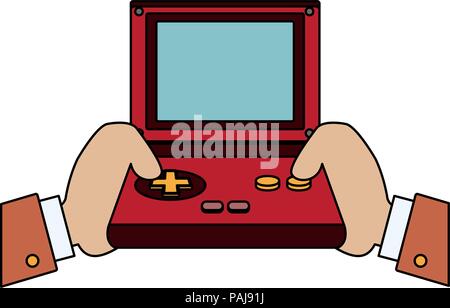 hands holding retro video game console vector illustration dotted line ...