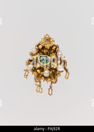 Cluster Brooch with Letters Spelling 'Amor'. Culture: French. Dimensions: Overall: 1 1/8 x 15/16 x 9/16 in. (2.9 x 2.4 x 1.4 cm). Date: mid-15th century.  This gold cluster jewel includes the Latin word amor (love) in delicate gold letters. It could have been worn either as a pendant or a brooch, and in portraits of young women many similar jewels are seen in their hair or at the shoulder or neck. Expensive jewelry played an important role in betrothal and marriage, and the groom gave brooches to the bride as tokens of love. In 1447, for example, Marco Parenti gave his betrothed, Caterina Stro Stock Photo
