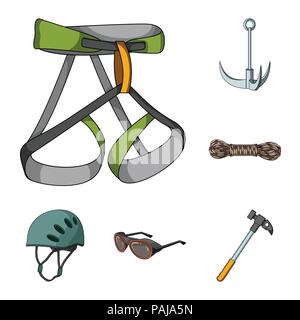 Mountaineering and climbing cartoon icons in set collection for design. Equipment and accessories vector symbol stock  illustration. Stock Vector