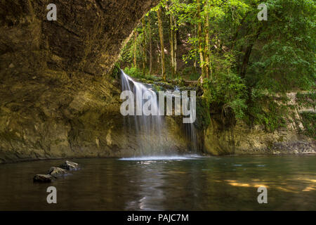 The Gour Bleu Waterfall Illuminated by Summer Sunshine, Cascades du Herisson, Jura, France, EU. Stock Photo