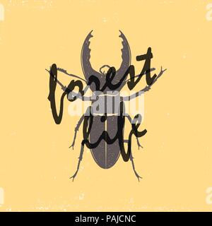 A vintage brown deer beetle emblem on a yellow background with a sign of "Forest Life". Grunge badge, typogrphic symbol suitable for T-shirts or print Stock Vector