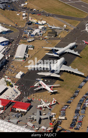 Airbus A380-800, Kingfisher Airlines A320-200, A340-600, EVA Air Boeing 777-300 ER and USAF C-17A Globemaster III parked in the static-display at the 