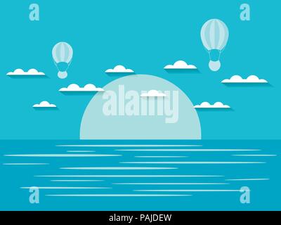 Seascape with clouds and hot air balloon. Blue and white color. Vector illustration Stock Vector