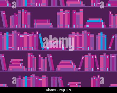 Seamless pattern with books, library bookshelf. Purple color. Synthwave, new retro wave in style 80s. Vector illustration Stock Vector