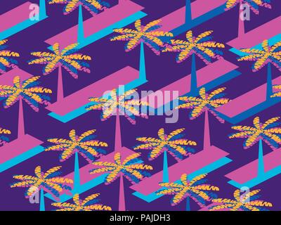 Retro futurism seamless pattern with palm tree. Geometric elements memphis in the style of 80s. Synthwave retro background. Retrowave. Vector illustra Stock Vector