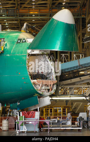 a Jade Cargo International Boeing 747-400F (LN1391) on the production-line with nose cargo door open Stock Photo