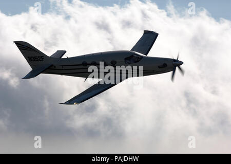 Farnborough F1 Kestrel prototype flying with clouds behind Stock Photo