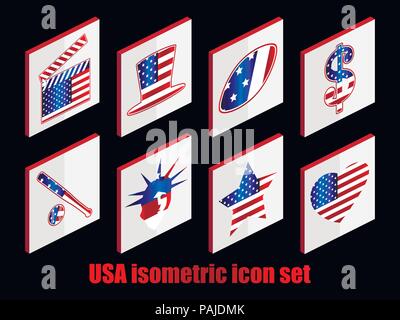 Isometric set of USA icons. The color of the flag with stripes and stars. Vector illustration Stock Vector