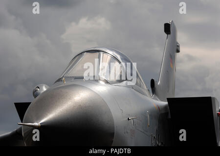 windshield and tail-fin of German Air Force Luftwaffe Panavia Tornado IDS parked in the static-display at the 2009 Royal International Air Tattoo RIAT Stock Photo