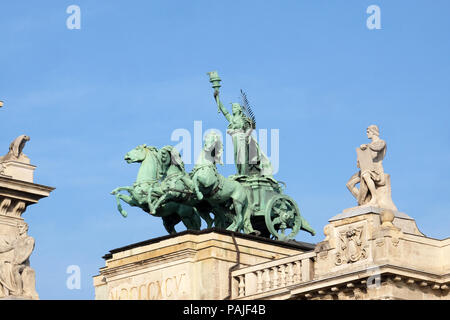 Statues on roof of Museum of Ethnography in Budapest, Hungary. The building located at Kossuth Square, across from the Hungarian Parliament Stock Photo