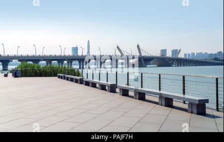 Taihu Lake and Modern Bridge, Wuxi, China. Stock Photo