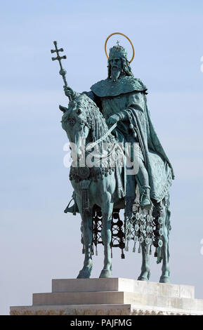 Equestrian statue of King Saint Stephen at the Fisherman Bastion on the Castle hill  in Budapest, Hungary Stock Photo