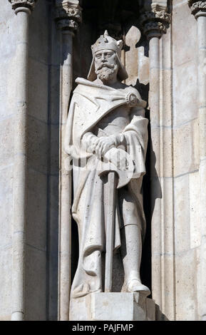 Statue of Saint from portal of the church of St. Matthias near the fisherman bastion in Budapest, Hungary Stock Photo