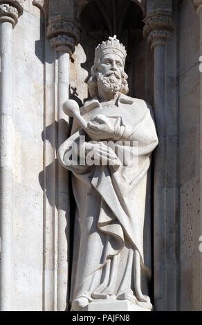 Statue of Saint from portal of the church of St. Matthias near the fisherman bastion in Budapest, Hungary Stock Photo