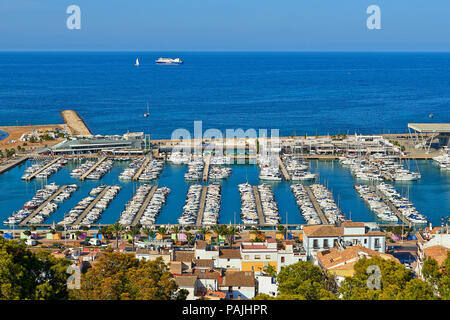 DENIA, SPAIN - JULY 08, 2018: View on the port and Montgo mountain of Denia, Spain. View from the castel of Denia Stock Photo