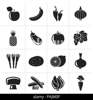 Black Different kind of fruit and vegetables icons - vector icon set Stock Vector