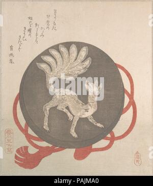 Mirror With the Design of a Nine-Tailed Fox. Artist: Harukawa Goshichi (Japanese, 1776-1831). Culture: Japan. Dimensions: 8 9/16 x 7 7/16 in. (21.7 x 18.9 cm).  The kyoka ('mad poem') by Tsurunoya reads:  Kumori naki I shoma no Kagami I   kage susa wa I Dakki no shaku no   I kyubi saki kamo  Referring to the legend of the manipulative and provoking Dafei, favorite concubine of King Zhou of the Shang dynasty, this poem asks: May not the tips of nine tails reflected in an unspotted mirror be the Nine-Tailed Fox?  Surimono were privately commissioned prints for special occasions, such as New Year Stock Photo