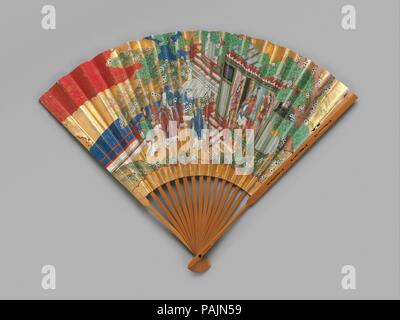 Chukei Fan. Culture: Japan. Dimensions: 13 1/4 × 19 in. (33.7 × 48.3 cm). Date: 19th century.  In the refined and simplified performances of the Noh theater, the fan plays an important role in delineating character. The design, colors of the ground and color of the lacquer on the bamboo frame vary, depending on the role being performed. Cherry blossoms and pine are depicted on one side of this fan, and the Queen of the West and the King of the East of Chinese legend appear on the reverse. The chukei fan which spreads out toward the top when closed, is appropriate for a female actor. Museum: Me Stock Photo